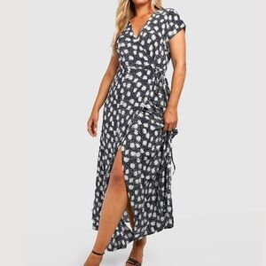Boohoo Floral Casual Navy Blue V Neck Maxi Spring Summer Wrap Dress